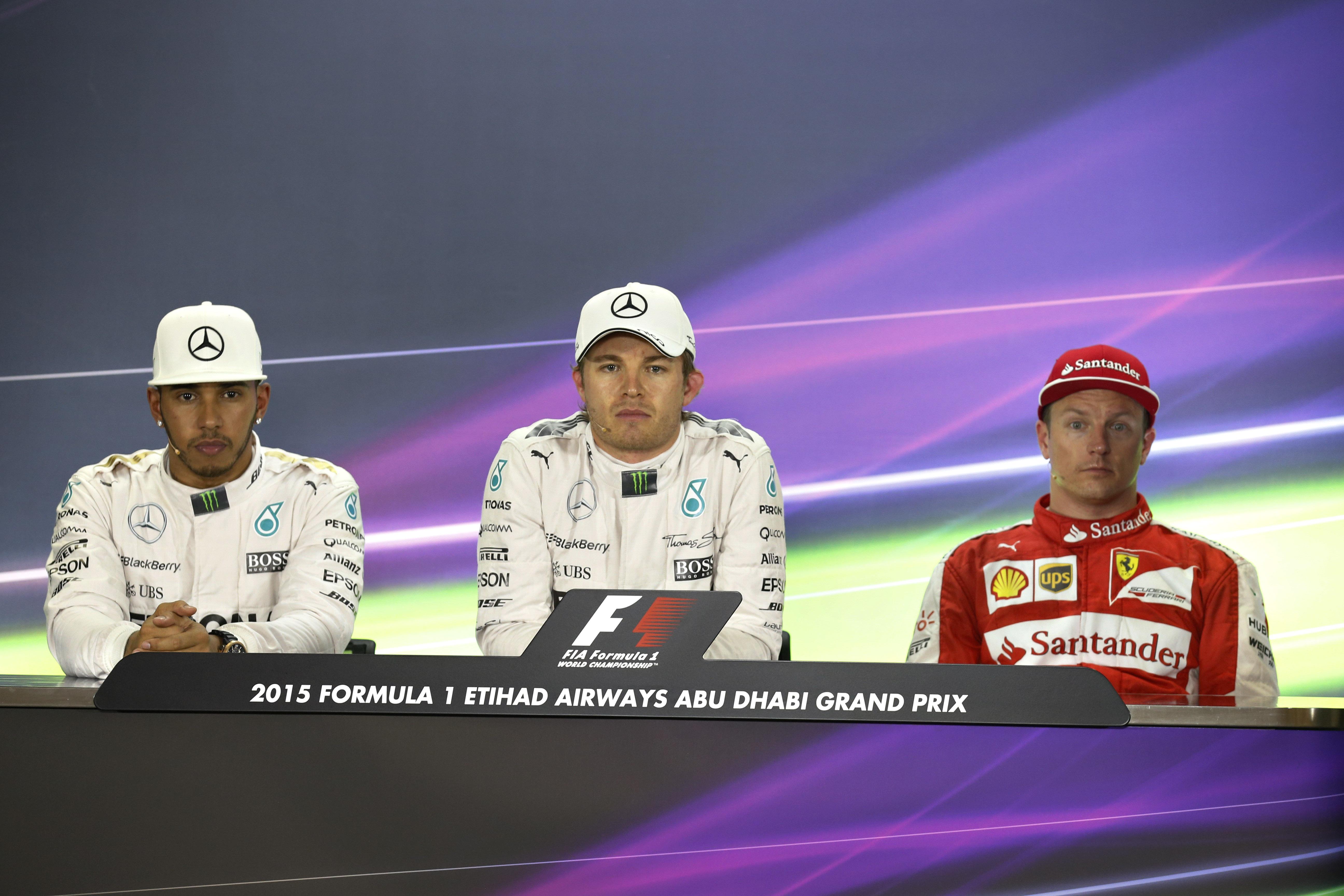 (L to R) A depressed Hamiton, a happy Rosberg, and a shocked Raikkonen thinking how the heck did I get up here?