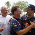 Dr. Helmut Marko, Horner and Ricciardo enjoy their win