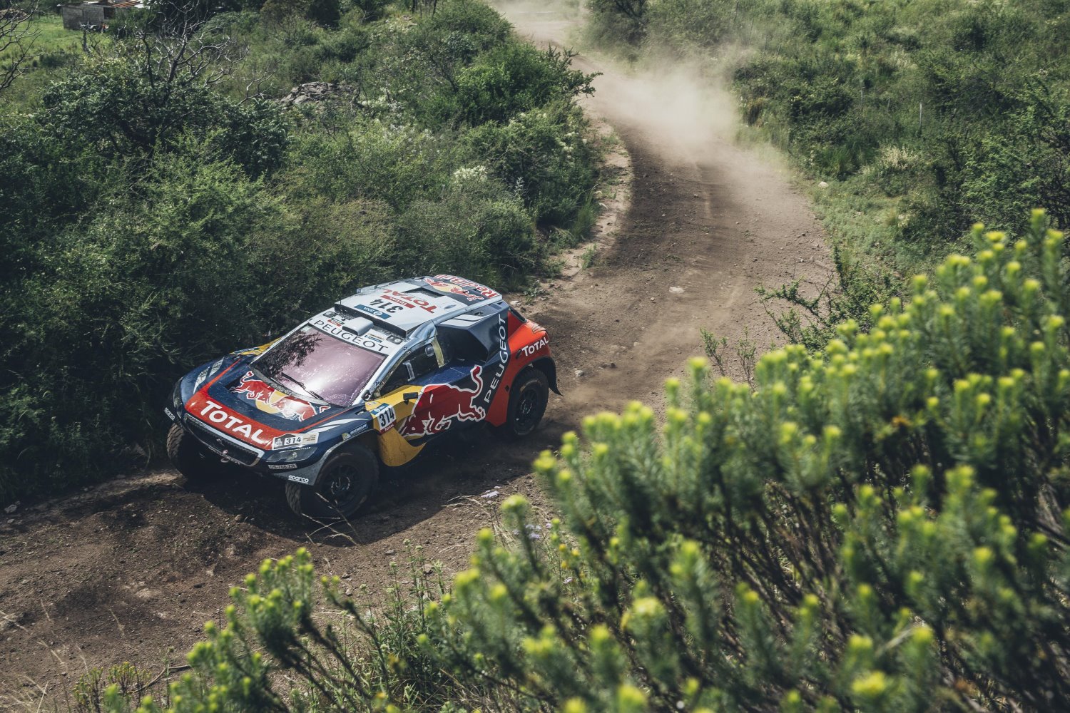 Sebastien Loeb wins in the car class leading a Peugeot 1-2