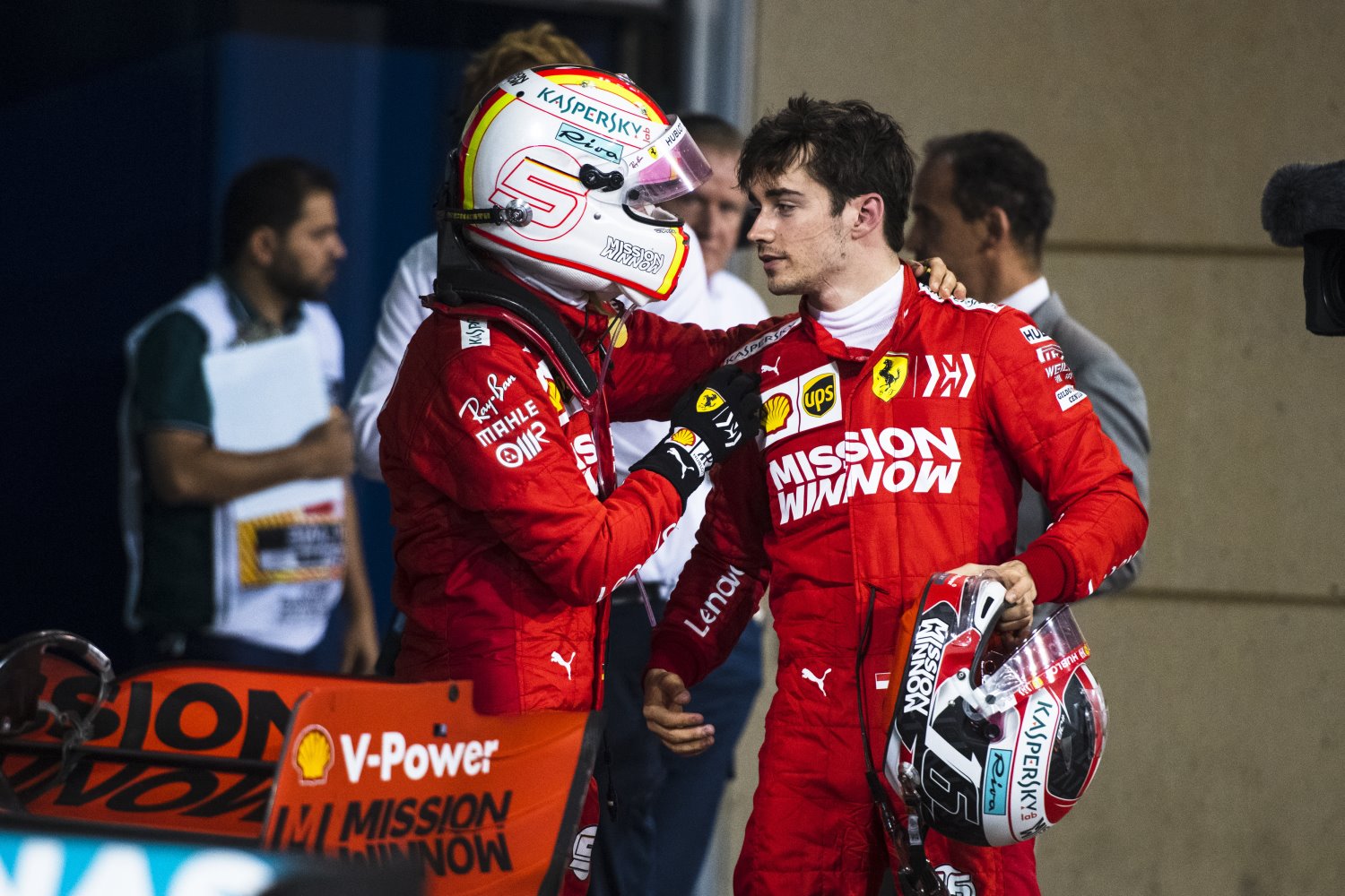 2019 Bahrain GP - Ferrari teammates Sebastian Vettel and Charles Leclerc. Photo supplied by Ferrari