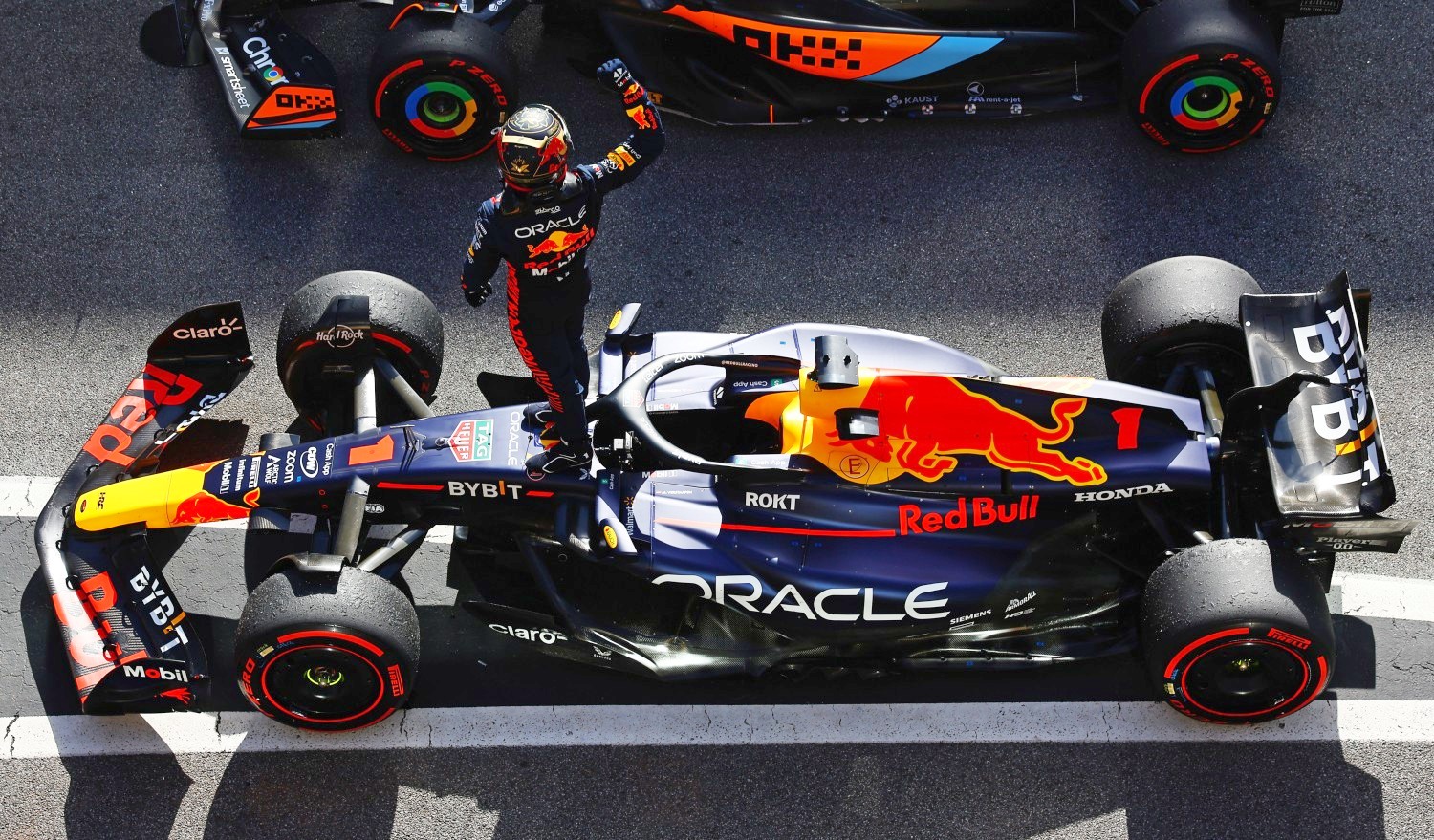 Race winner Max Verstappen of the Netherlands and Oracle Red Bull Racing celebrates in parc ferme during the F1 Grand Prix of Brazil at Autodromo Jose Carlos Pace on November 05, 2023 in Sao Paulo, Brazil. (Photo by Mark Thompson/Getty Images)