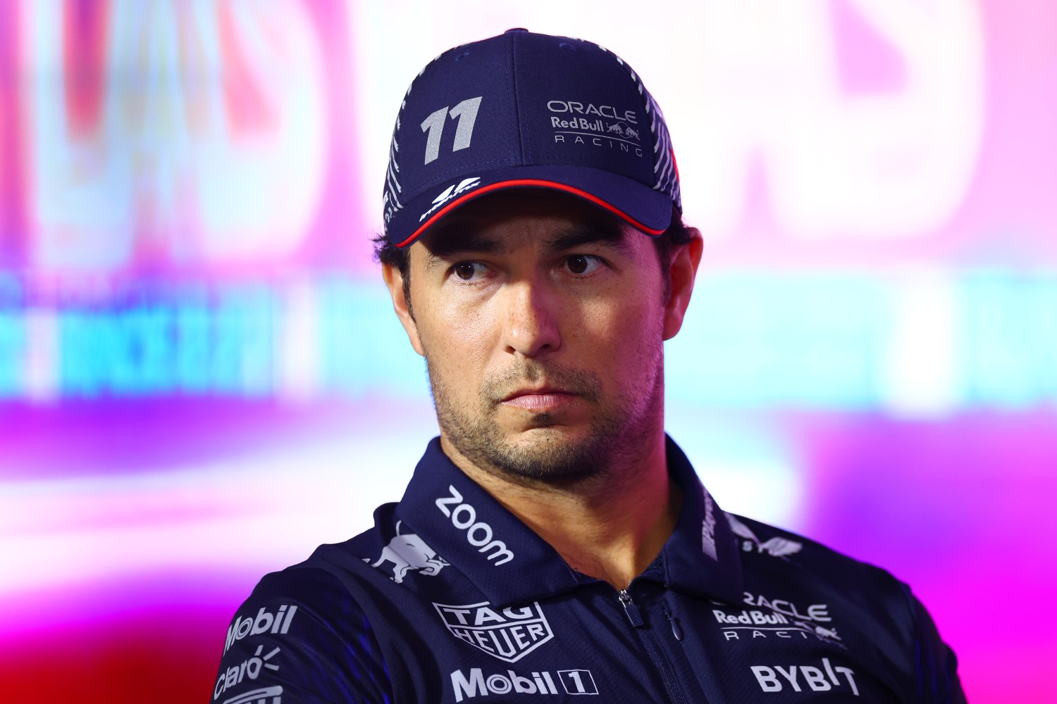 Sergio Perez of Mexico and Oracle Red Bull Racing talks in the Drivers Press Conference during previews ahead of the F1 Grand Prix of Las Vegas at Las Vegas Strip Circuit on November 15, 2023 in Las Vegas, Nevada. (Photo by Dan Istitene/Getty Images) // Getty Images / Red Bull Content Pool