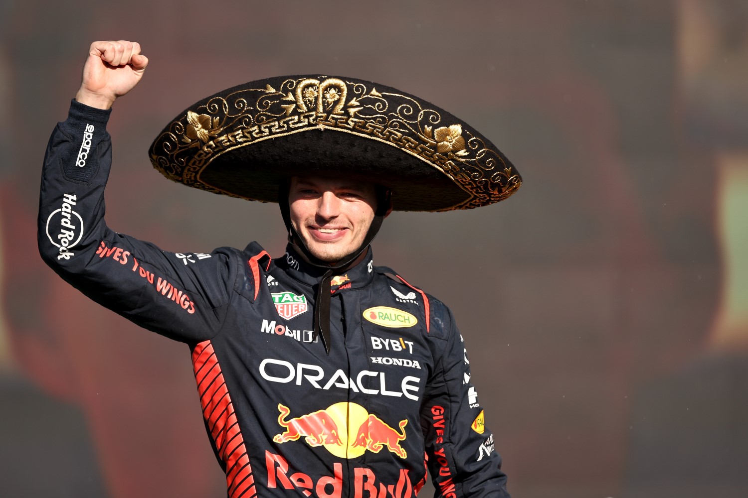 Race winner Max Verstappen of the Netherlands and Oracle Red Bull Racing celebrates on the podium after the F1 Grand Prix of Mexico at Autodromo Hermanos Rodriguez on October 29, 2023 in Mexico City, Mexico. (Photo by Jared C. Tilton/Getty Images) // Getty Images / Red Bull Content Pool