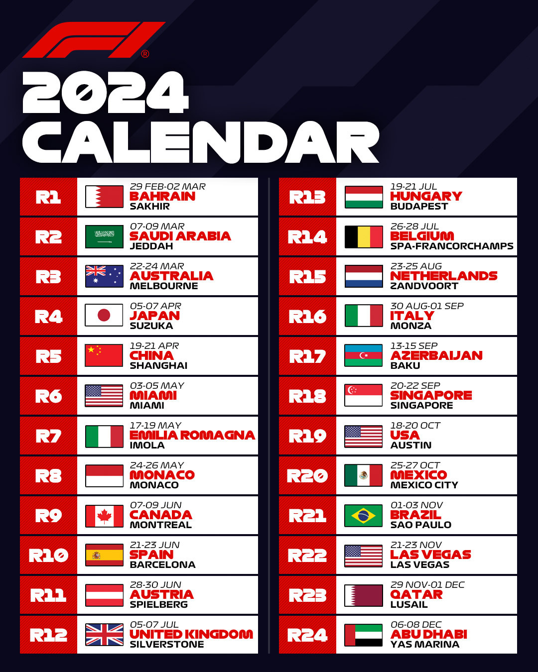 F1: 2024 Race calendar released with 24 events - AutoRacing1.com