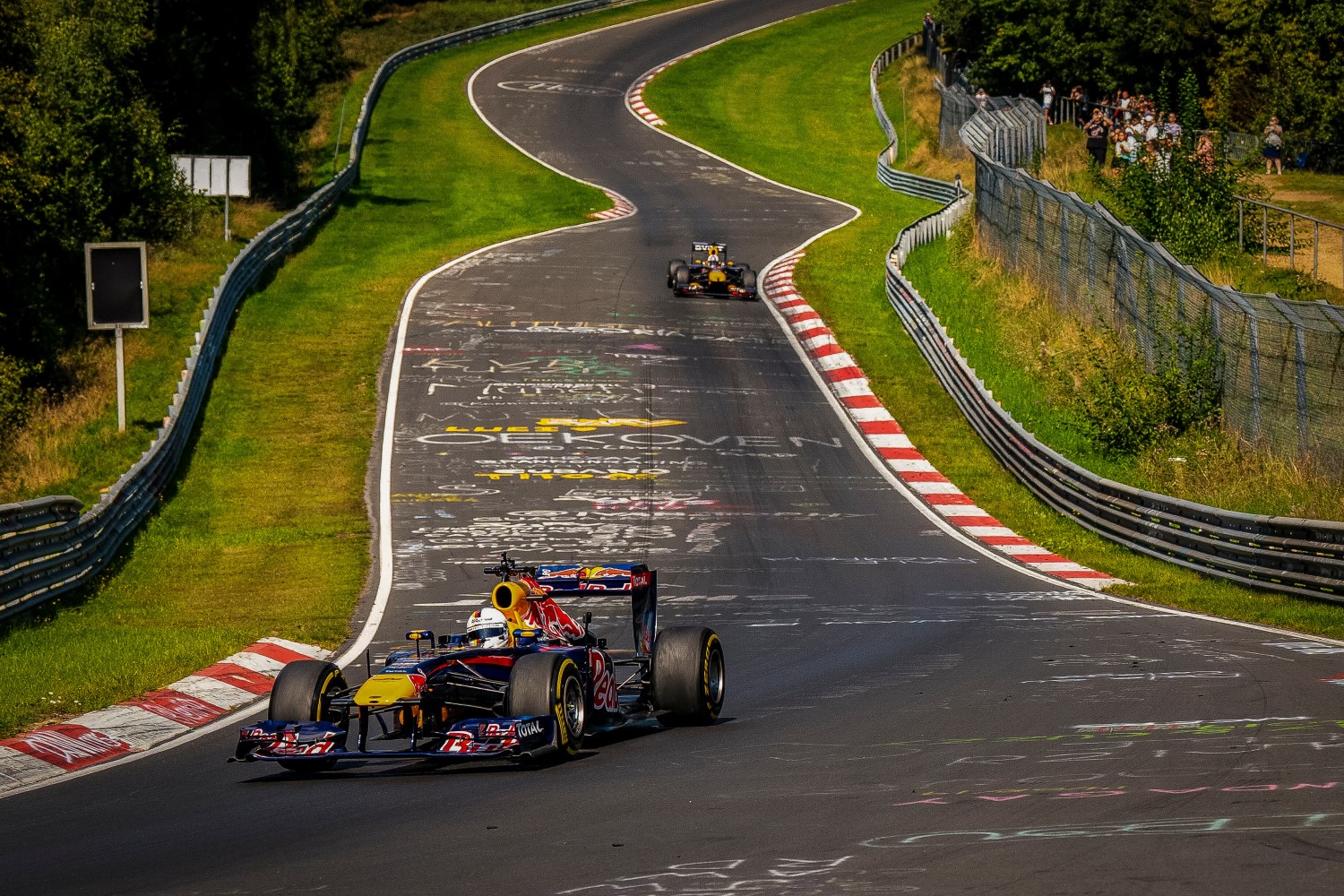 Sebastian Vettel in a Red Bull RB 7, David Coulthard in a Red Bull RB 8 seen during the Red Bull Formula Nuerburgring at the Nuerburgring in Germany on September 8, 2023. // Gruppe C GmbH / Red Bull Content Pool