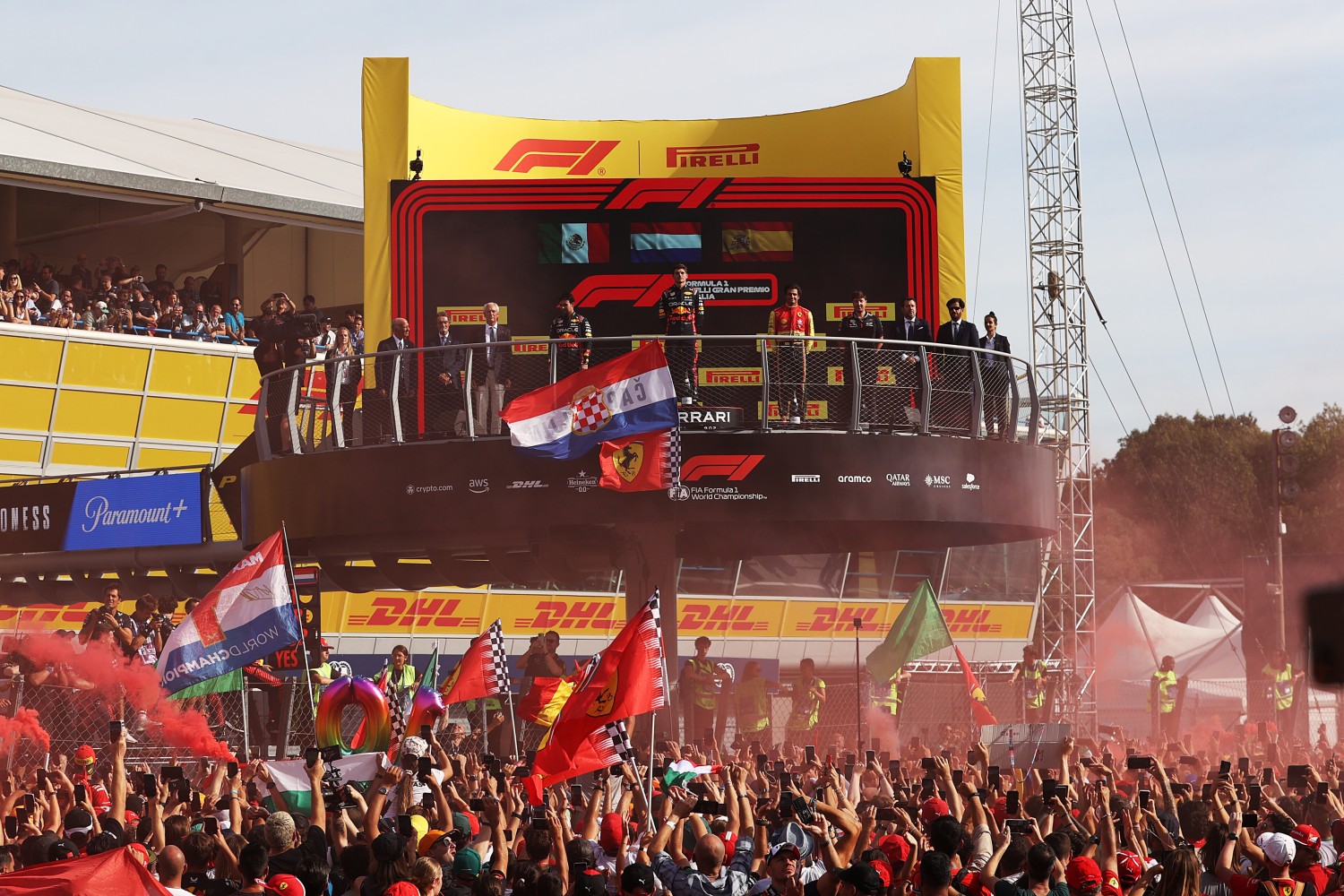 A general view of the podium celebrations with Race winner Max Verstappen of the Netherlands and Oracle Red Bull Racing, Second placed Sergio Perez of Mexico and Oracle Red Bull Racing and Third placed Carlos Sainz of Spain and Ferrari during the F1 Grand Prix of Italy at Autodromo Nazionale Monza on September 03, 2023 in Monza, Italy. (Photo by Ryan Pierse/Getty Images) // Getty Images / Red Bull Content Pool //