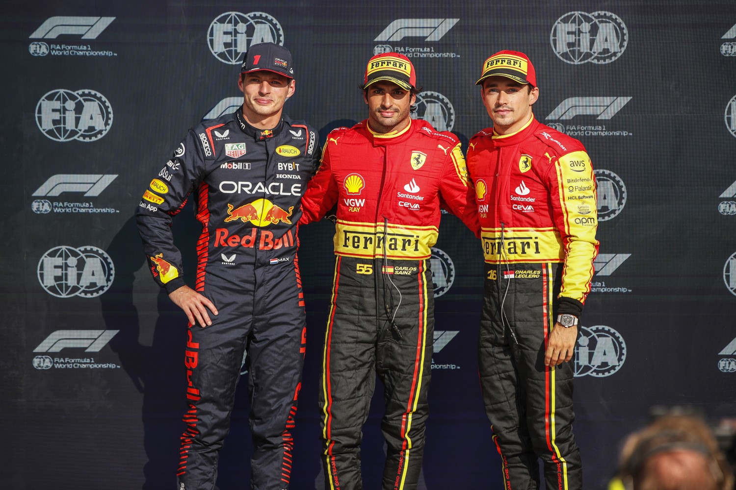 Top three qualifiers Max Verstappen, Red Bull Racing, pole man Carlos Sainz, Scuderia Ferrari, and Charles Leclerc, Scuderia Ferrari during the Italian GP at Autodromo Nazionale Monza on Saturday September 02, 2023 in Monza, Italy. (Photo by Zak Mauger / LAT Images)