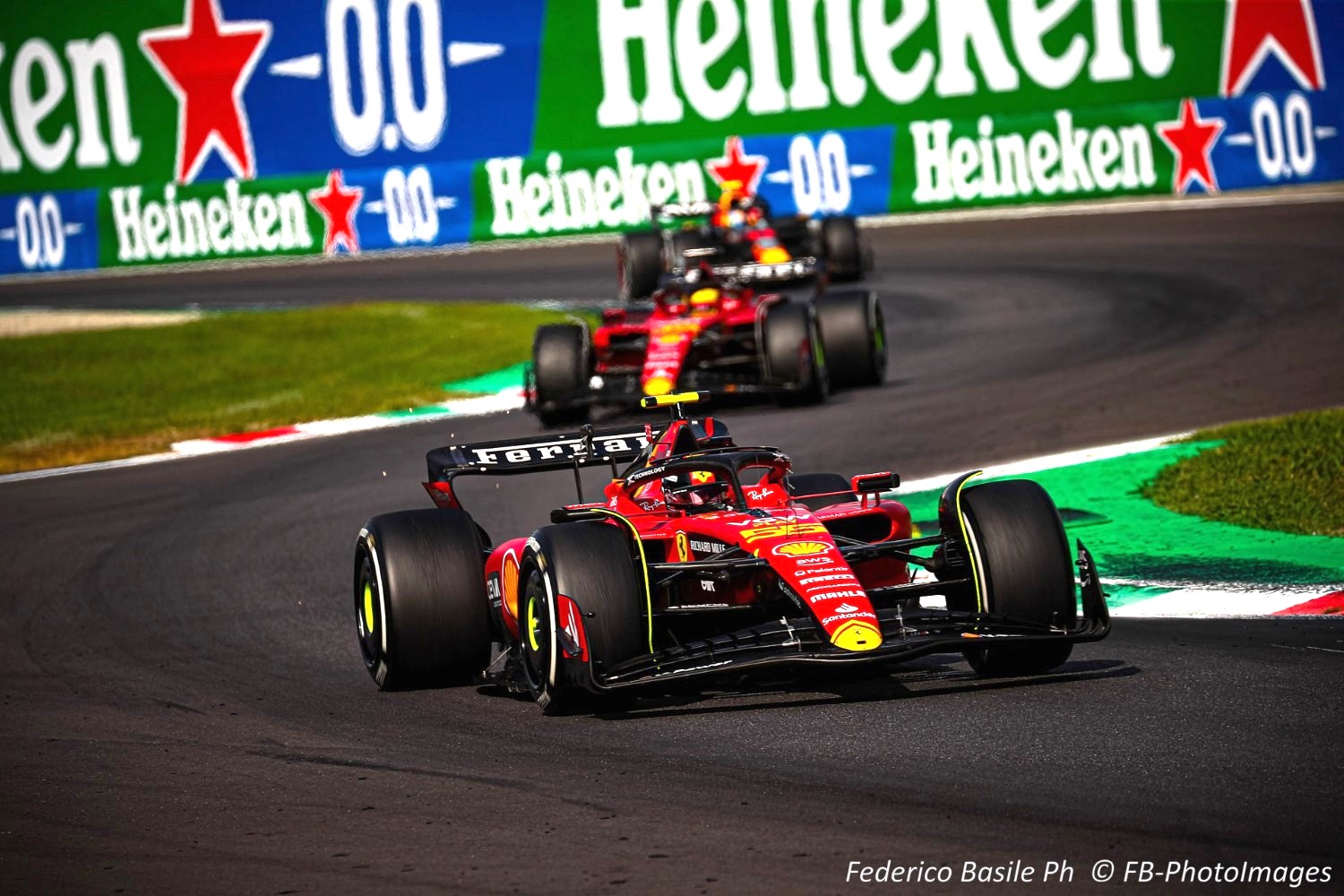 #55 Carlos Sainz, (ESP) chased by #16 Charles Leclerc Scuderia Ferrari during the Italian GP, Monza 31 August-3 September 2023 Formula 1 World championship 2023.