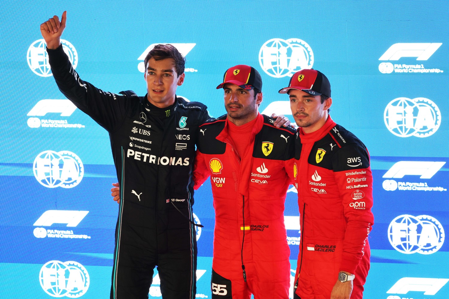 Top 3 qualifiers for the 2023 Singapore GP - George Russell, Carlos Sainz Jr. and Charles Leclerc - Steve Etherington Photo for Mercedes F1