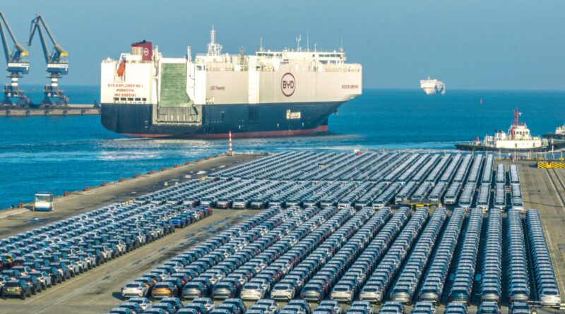 Unsold Chinese EVs stack up at a European port