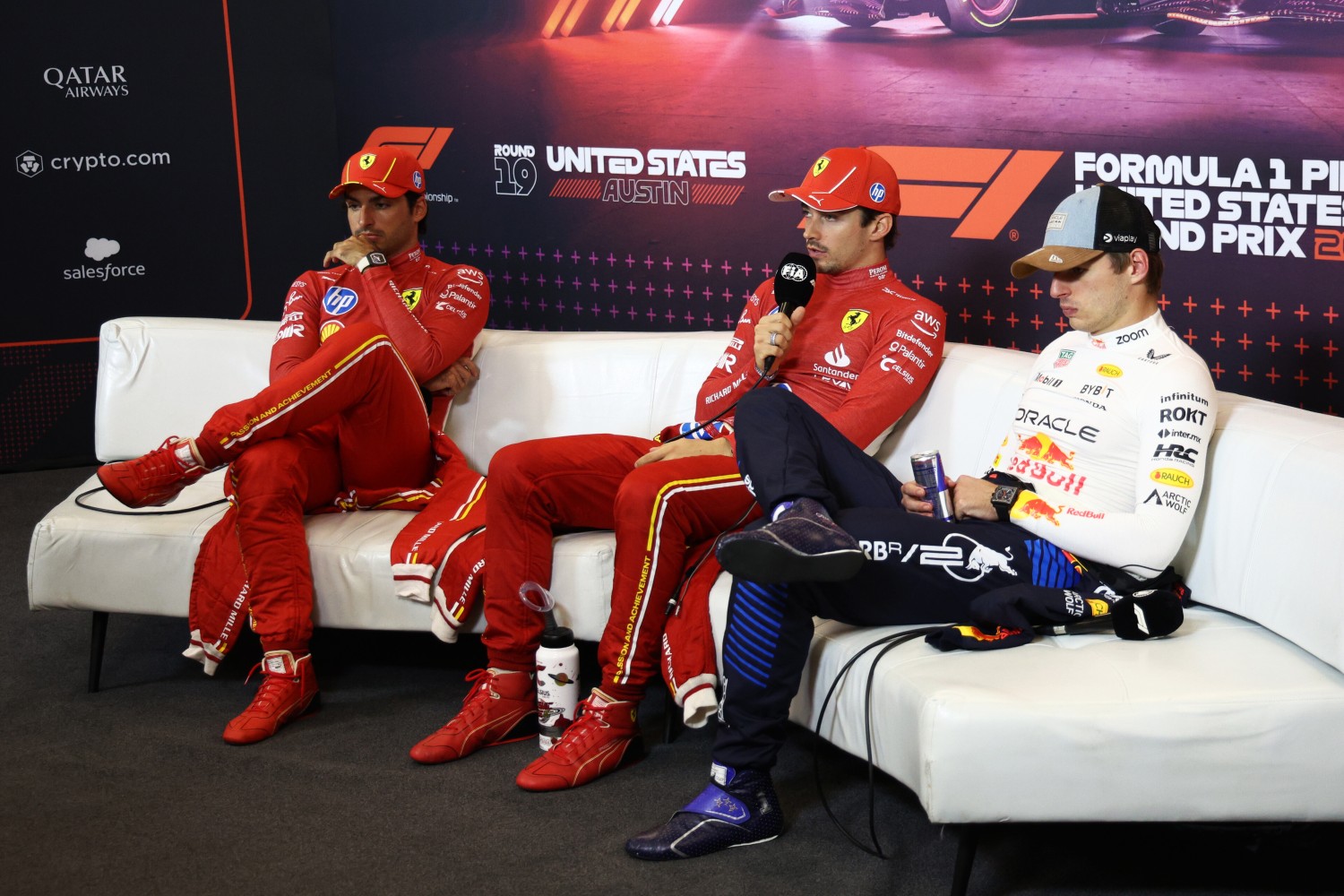 Race winner Charles Leclerc of Monaco and Ferrari, Second placed Carlos Sainz of Spain and Ferrari and Third placed Max Verstappen of the Netherlands and Oracle Red Bull Racing attend the Drivers Press Conference after the F1 Grand Prix of United States at Circuit of The Americas on October 20, 2024 in Austin, Texas. (Photo by Jared C. Tilton/Getty Images) // Getty Images / Red Bull Content Pool //