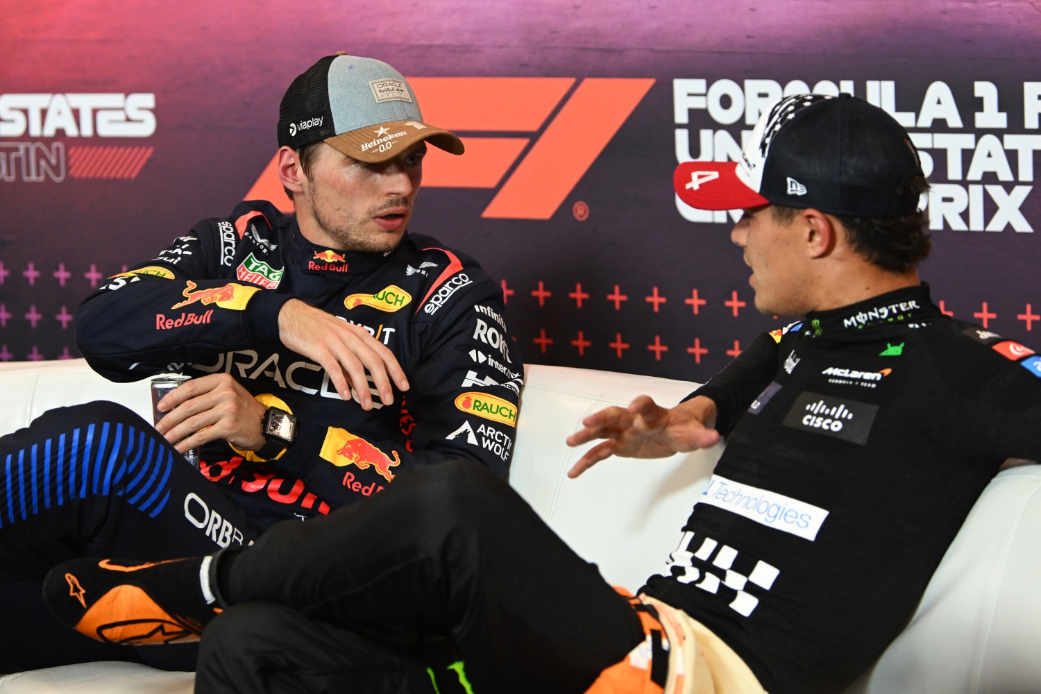 Sprint winner Max Verstappen of the Netherlands and Oracle Red Bull Racing and Third placed Lando Norris of Great Britain and McLaren attend the press conference after during the Sprint ahead of the F1 Grand Prix of United States at Circuit of The Americas on October 19, 2024 in Austin, Texas. (Photo by Mark Sutton/Getty Images) // Getty Images / Red Bull Content Pool