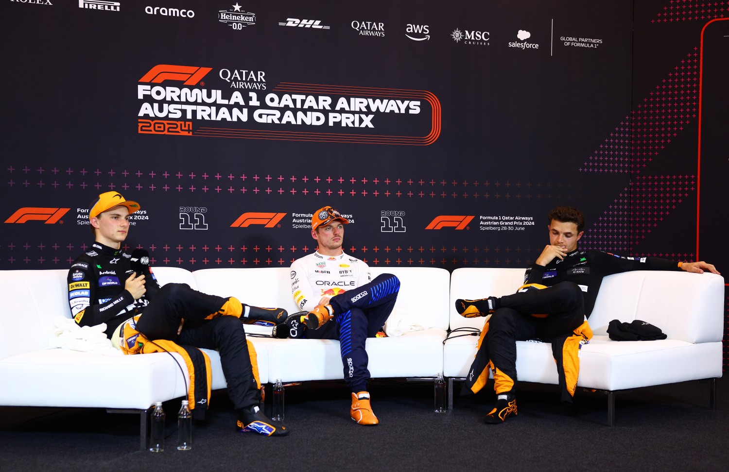 Sprint winner Max Verstappen of the Netherlands and Oracle Red Bull Racing, Second placed Oscar Piastri of Australia and McLaren and Third placed Lando Norris of Great Britain and McLaren attend the press conference after the Sprint ahead of the F1 Grand Prix of Austria at Red Bull Ring on June 29, 2024 in Spielberg, Austria. (Photo by Clive Rose/Getty Images)