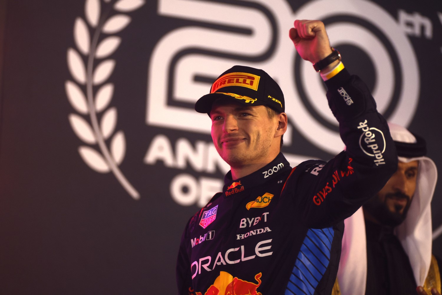 Max Verstappen, Red Bull Racing, 1st position, on the podium during the Bahrain GP at Bahrain International Circuit on Saturday March 02, 2024 in Sakhir, Bahrain. (Photo by Steven Tee / LAT Images for Pirelli)
