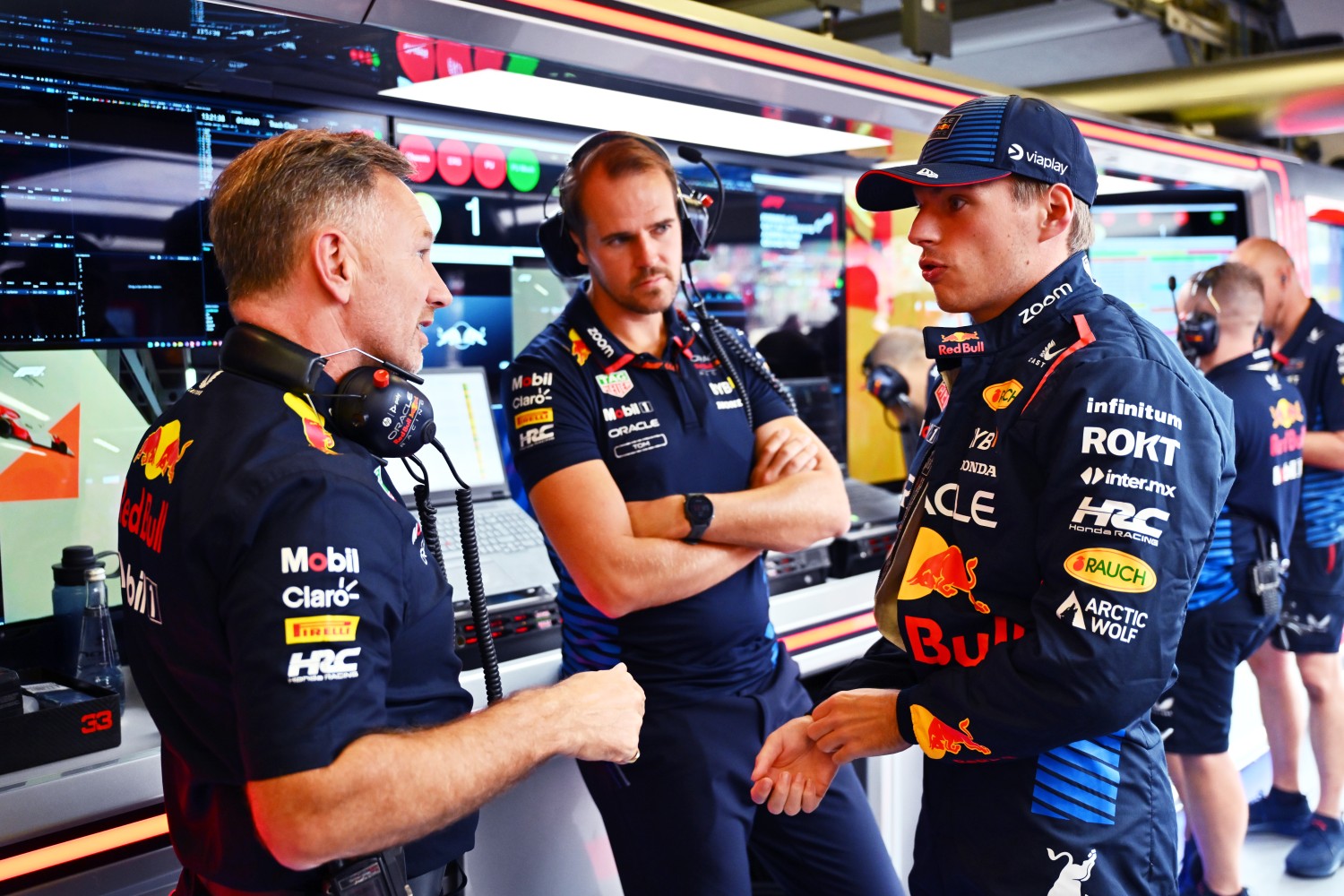 Max Verstappen of the Netherlands and Oracle Red Bull Racing talks with Oracle Red Bull Racing Team Principal Christian Horner in the garage during practice ahead of the F1 Grand Prix of Azerbaijan at Baku City Circuit on September 13, 2024 in Baku, Azerbaijan. (Photo by Dan Mullan/Getty Images)