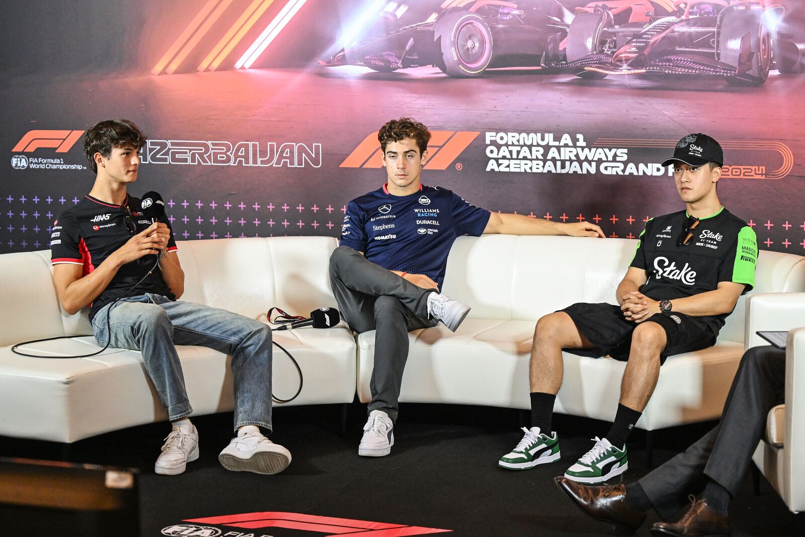 Oliver Bearman, Haas F1 Team, Franco Colapinto, Williams Racing, and Zhou Guanyu, Stake F1 Team KICK Sauber, in the Press Conference ; 2024 Azerbaijan Grand Prix, Formula One World Championship