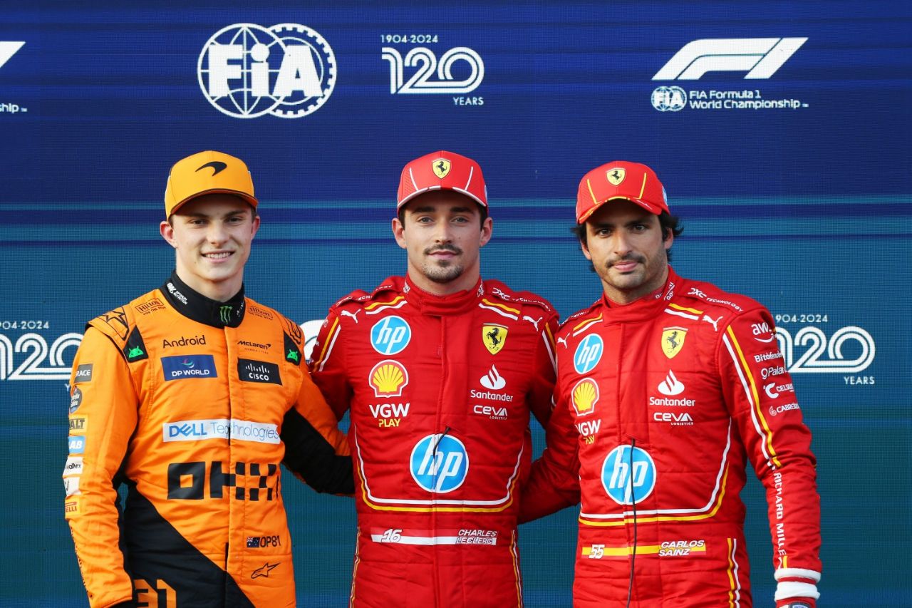 Top three qualifiers Pole man Charles Leclerc, Scuderia Ferrari, Oscar Piastri, McLaren F1 Team, and Carlos Sainz, Scuderia Ferrari during the Azerbaijan GP at Baku City Circuit on Saturday September 14, 2024 in Baku, Azerbaijan. (Photo by Dom Romney / LAT Images)