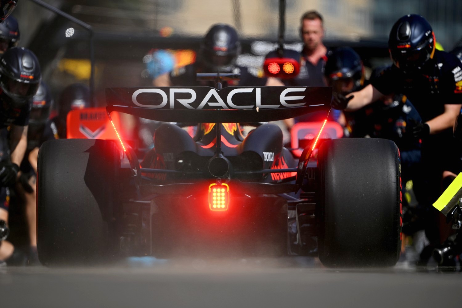 Max Verstappen of the Netherlands driving the (1) Oracle Red Bull Racing RB20 makes a pitstop during practice ahead of the F1 Grand Prix of Azerbaijan at Baku City Circuit on September 13, 2024 in Baku, Azerbaijan. (Photo by Dan Mullan/Getty Images)