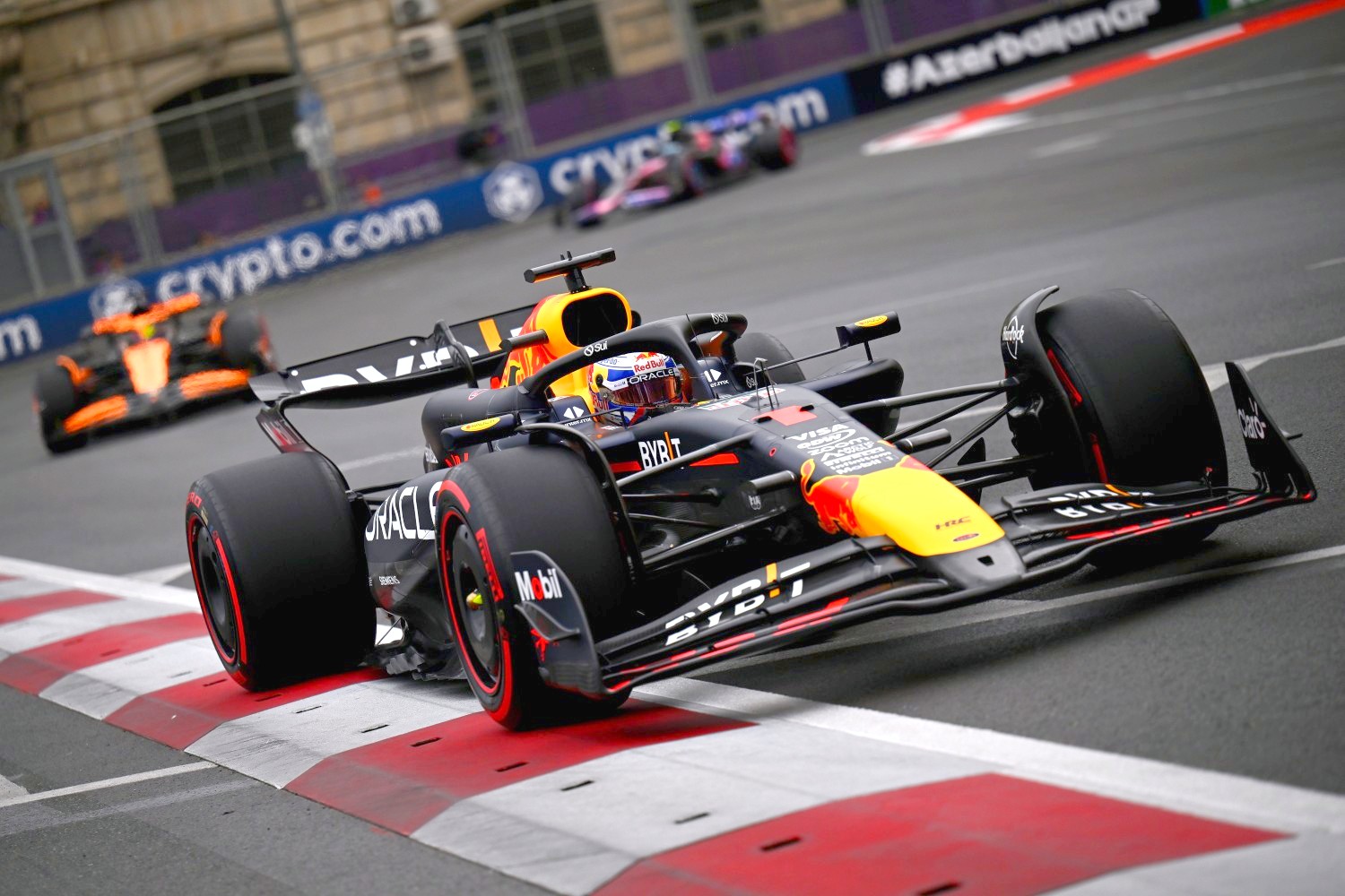 Max Verstappen of the Netherlands driving the (1) Oracle Red Bull Racing RB20 leads Oscar Piastri of Australia driving the (81) McLaren MCL38 Mercedes during final practice ahead of the F1 Grand Prix of Azerbaijan at Baku City Circuit on September 14, 2024 in Baku, Azerbaijan. (Photo by Dan Mullan/Getty Images)