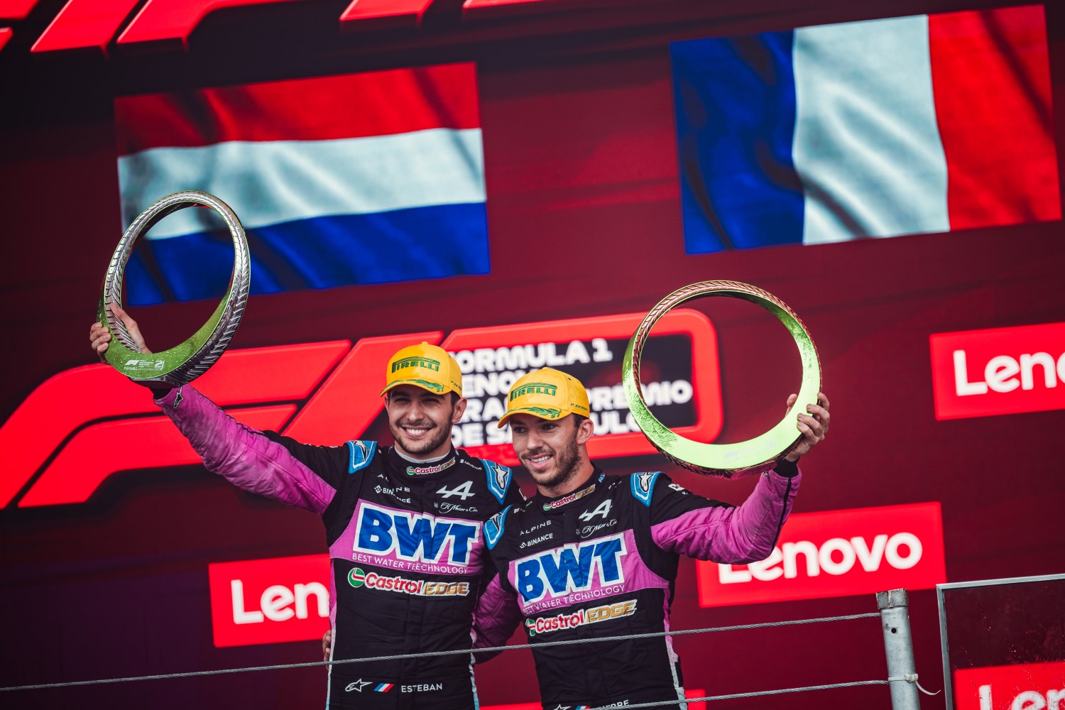 Alpine F1 drivers Esteban Ocon and Pierre Gasly celebrate 2nd and 3rd in 2024 Sao Paulo GP