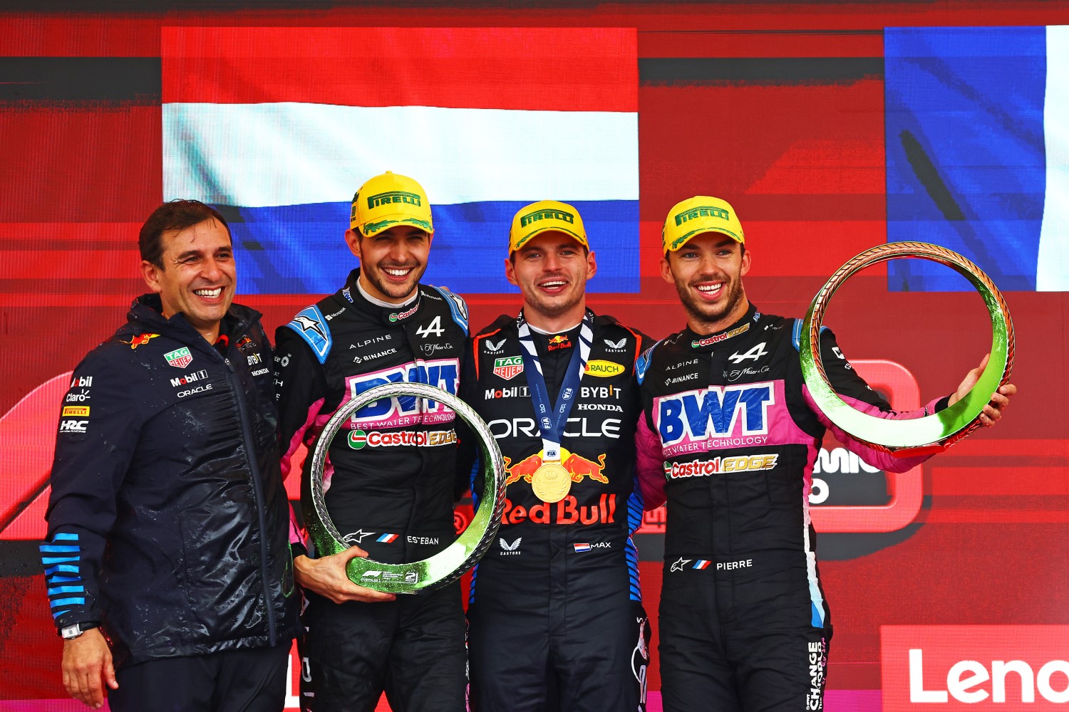 Race winner Max Verstappen of the Netherlands and Oracle Red Bull Racing, Second placed Esteban Ocon of France and Alpine F1 and Third placed Pierre Gasly of France and Alpine F1 pose for a photo on the podium after the F1 Grand Prix of Brazil at Autodromo Jose Carlos Pace on November 03, 2024 in Sao Paulo, Brazil. (Photo by Mark Thompson/Getty Images) // Getty Images / Red Bull Content Pool