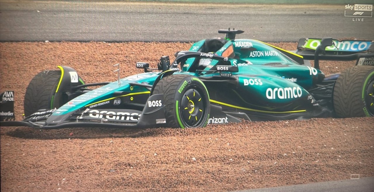 Lance Stroll beaches himself in the gravel in the 2024 Sao Paulo GP