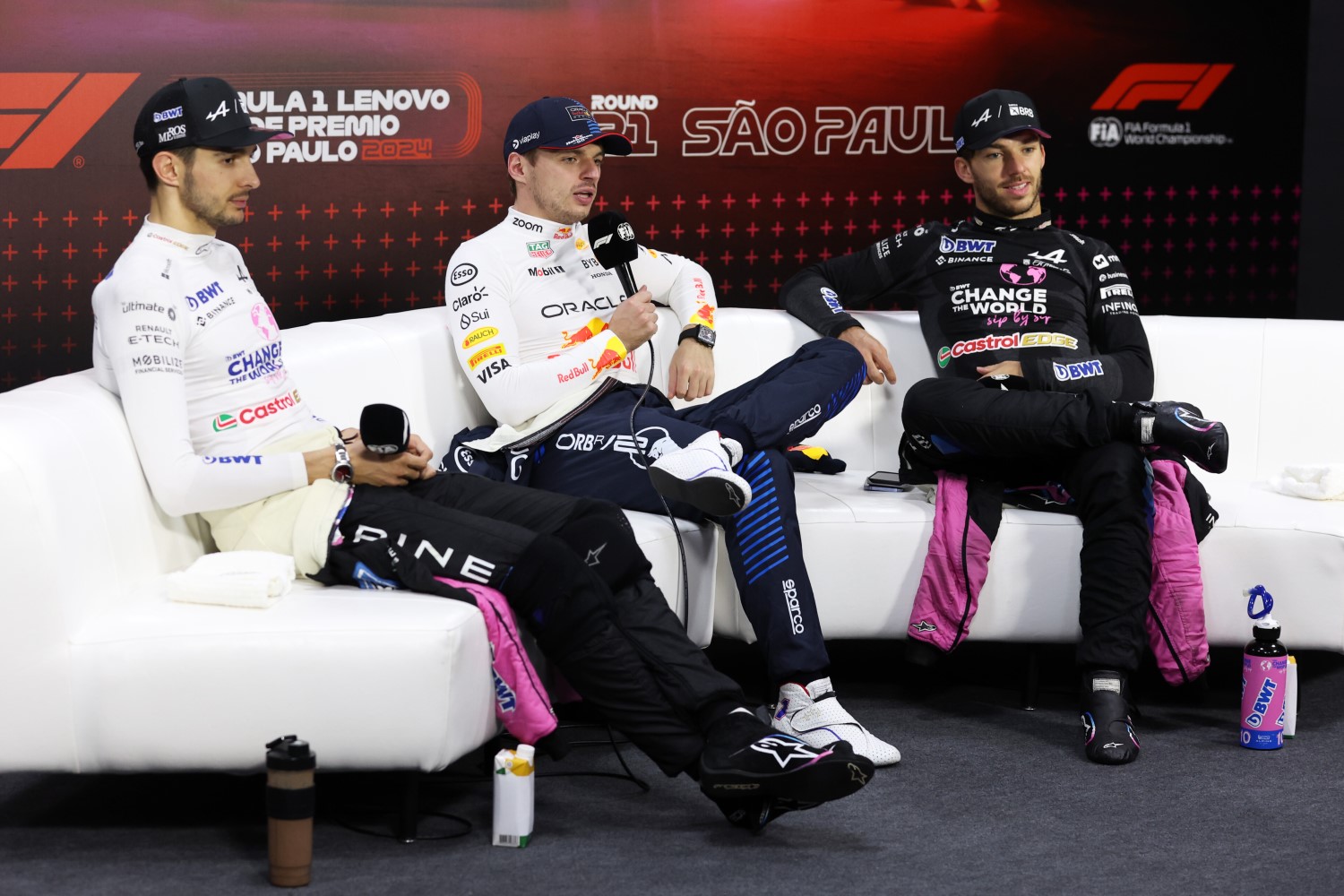 Race winner Max Verstappen of the Netherlands and Oracle Red Bull Racing, Second placed Esteban Ocon of France and Alpine F1 and Third placed Pierre Gasly of France and Alpine F1 attend the Drivers Press Conference after the F1 Grand Prix of Brazil at Autodromo Jose Carlos Pace on November 03, 2024 in Sao Paulo, Brazil. (Photo by Lars Baron/Getty Images) // Getty Images / Red Bull Content Pool