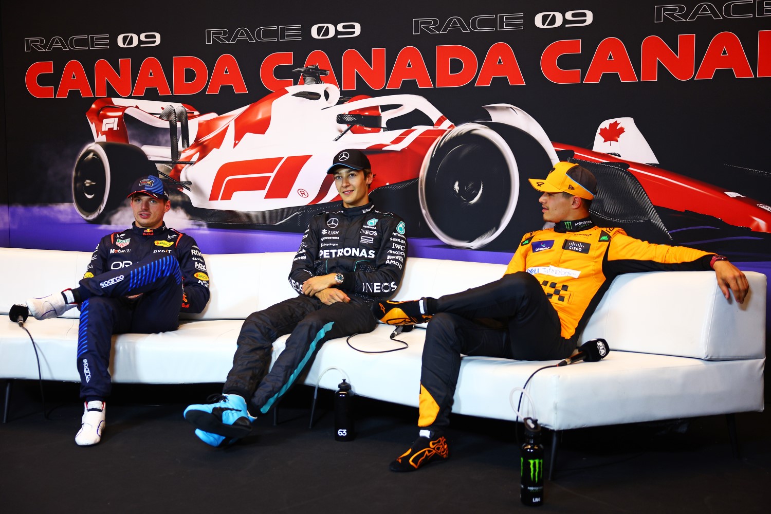 Pole position qualifier George Russell of Great Britain and Mercedes, Second placed qualifier Max Verstappen of the Netherlands and Oracle Red Bull Racing and Third placed qualifier Lando Norris of Great Britain and McLaren attend the press conference after qualifying ahead of the F1 Grand Prix of Canada at Circuit Gilles Villeneuve on June 08, 2024 in Montreal, Quebec. (Photo by Clive Rose/Getty Images) // Getty Images / Red Bull Content Pool