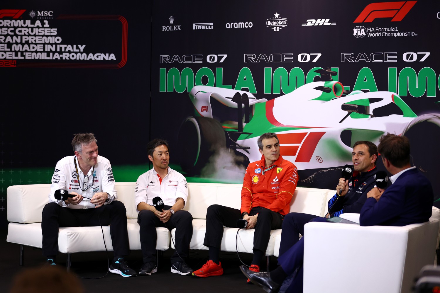 James Allison, Technical Director at Mercedes GP, Haas F1 Team Principal Ayao Komatsu, Enrico Gualtieri, Technical Director of Power Unit at Ferrari and Pierre Wache, Chief Engineer of Performance Engineering at Oracle Red Bull Racing attend the Team Principals Press Conference during practice ahead of the F1 Grand Prix of Emilia-Romagna at Autodromo Enzo e Dino Ferrari Circuit on May 17, 2024 in Imola, Italy. (Photo by Bryn Lennon/Getty Images)