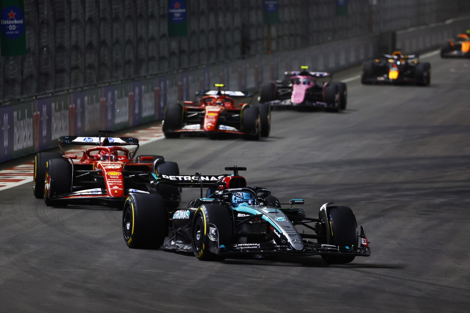 Mercedes driver George Russell leads the two Ferrari drivers during the 2024 Las Vegas Grand Prix, Saturday - LAT Images for Mercedes