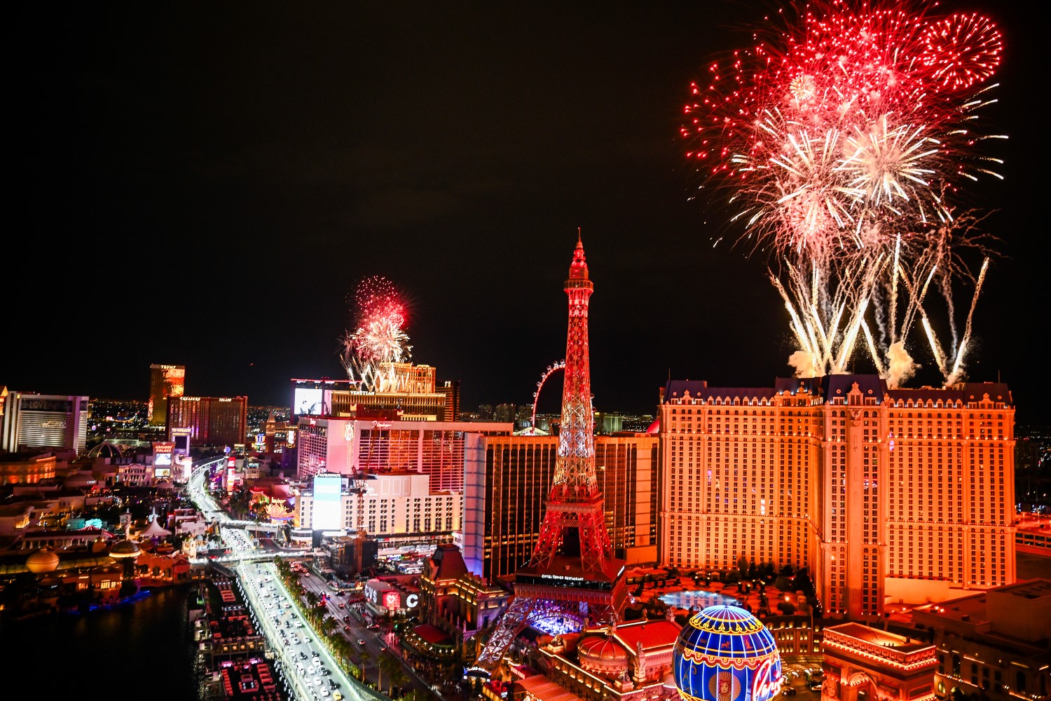 LAS VEGAS, NEVADA - NOVEMBER 15: A general view of fireworks at the Opening Ceremony during previews ahead of the F1 Grand Prix of Las Vegas at Las Vegas Strip Circuit on November 15, 2023 in Las Vegas, Nevada. (Photo by Clive Mason - Formula 1/Formula 1 via Getty Images)