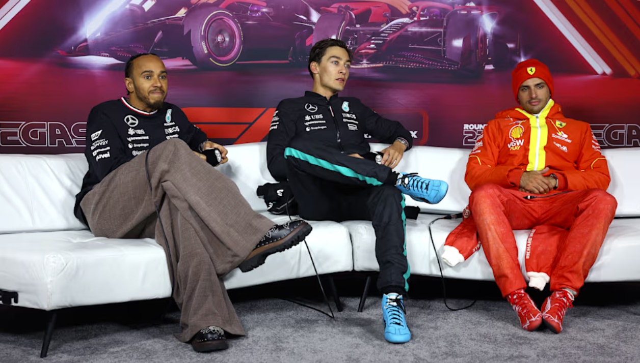 2024 Las Vegas GP Post-Race Press Conference 1. George Russell (Mercedes - Center), 2. Lewis Hamilton (Mercedes - Left), 3. Carlos Sainz (Ferrari - Right)