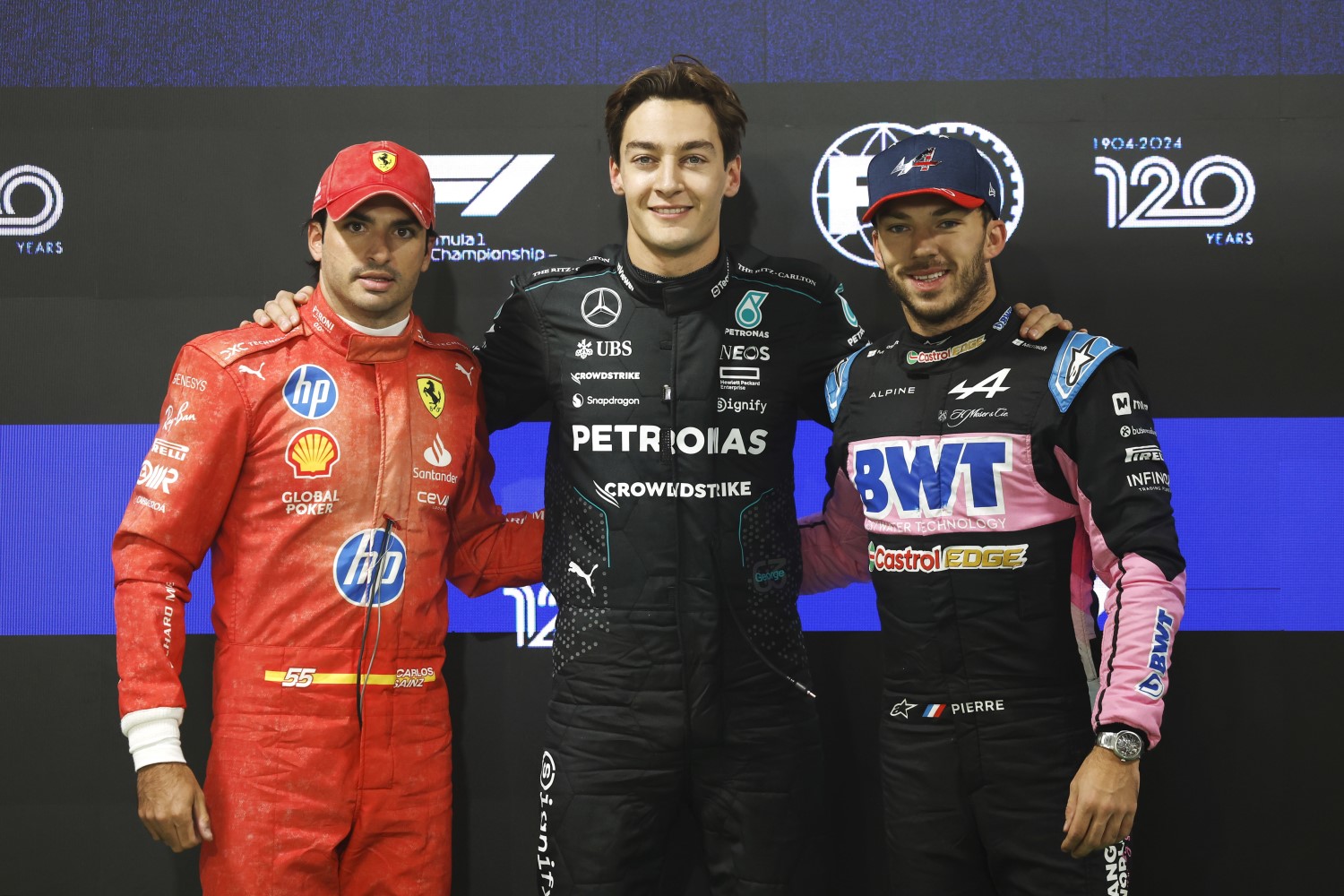 Top three qualifiers Carlos Sainz, Scuderia Ferrari, pole man George Russell, Mercedes-AMG F1 Team, and Pierre Gasly, Alpine F1 Team during the Las Vegas GP at Streets of Las Vegas on Friday November 22, 2024, United States of America. (Photo by Glenn Dunbar / LAT Images for Pirelli)