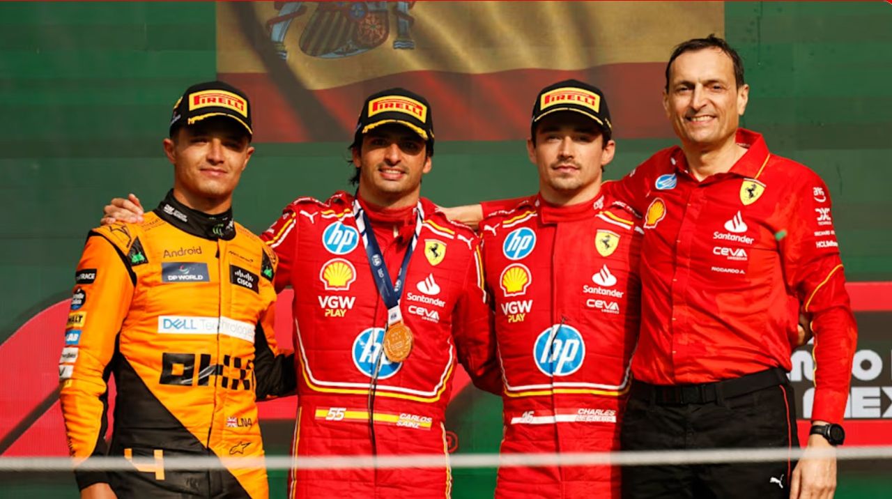 (L to R) Lando Norris (2nd), Carlos Sainz Jr. (1st) and Charles Leclerc (3rd)