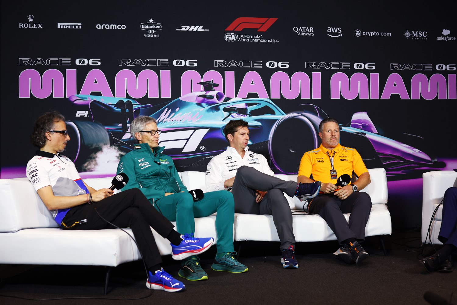 Laurent Mekies, Team Principal of Visa Cash App RB, Mike Krack, Team Principal of the Aston Martin F1 Team, James Vowles, Team Principal of Williams and McLaren Chief Executive Officer Zak Brown attend the Team Principals Press Conference after practice ahead of the F1 Grand Prix of Miami at Miami International Autodrome on May 03, 2024 in Miami, Florida. (Photo by Clive Rose/Getty Images) // Getty Images / Red Bull Content Pool