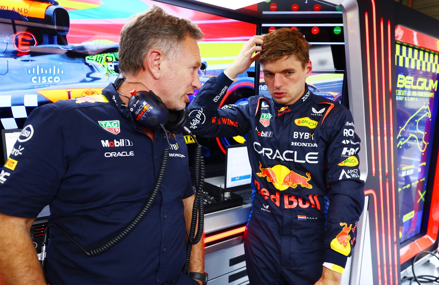 Oracle Red Bull Racing Team Principal Christian Horner talks with Max Verstappen of the Netherlands and Oracle Red Bull Racing in the garage during practice (Photo by Mark Thompson/Getty Images)