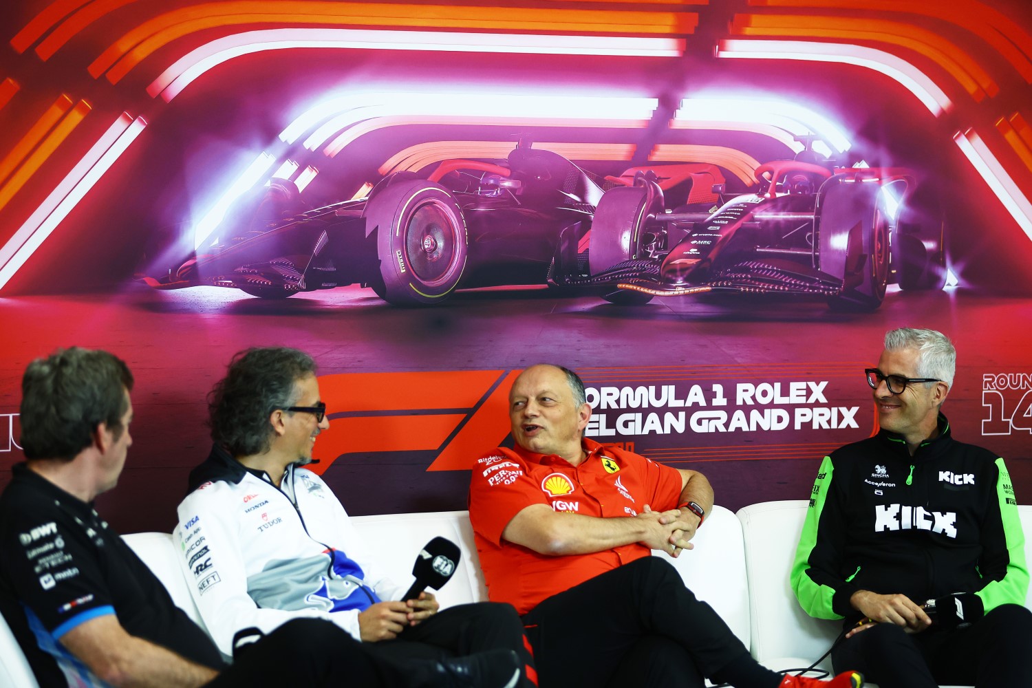 (L to R) Bruno Famin, Team Principal of Alpine F1, Laurent Mekies, Team Principal of Visa Cash App RB, Ferrari Team Principal Frederic Vasseur and Alessandro Alunni Bravi, Team Representative of Stake F1 Team Kick Sauber attend the Team Principals Press Conference during practice ahead of the F1 Grand Prix of Belgium at Circuit de Spa-Francorchamps on July 26, 2024 in Spa, Belgium. (Photo by Bryn Lennon/Getty Images) // Getty Images / Red Bull Content Pool