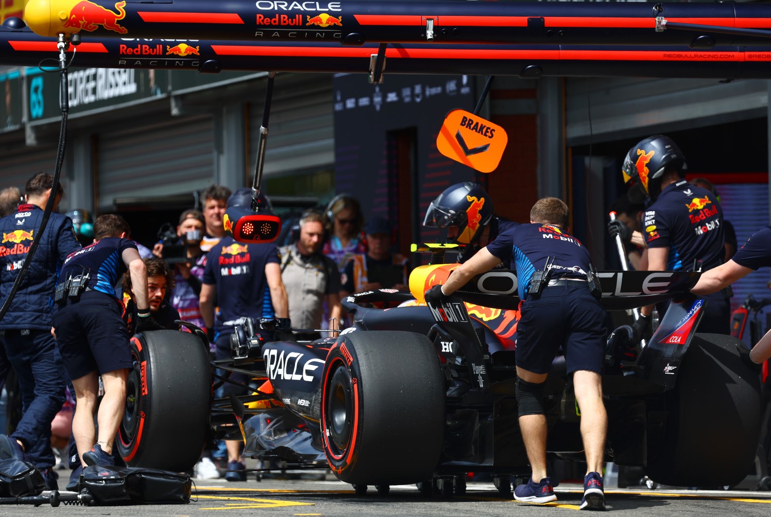 Sergio Perez of Mexico driving the (11) Oracle Red Bull Racing RB20 stops in the Pitlane during practice ahead of the F1 Grand Prix of Belgium at Circuit de Spa-Francorchamps on July 26, 2024 in Spa, Belgium. (Photo by Mark Thompson/Getty Images) // Getty Images / Red Bull Content Pool