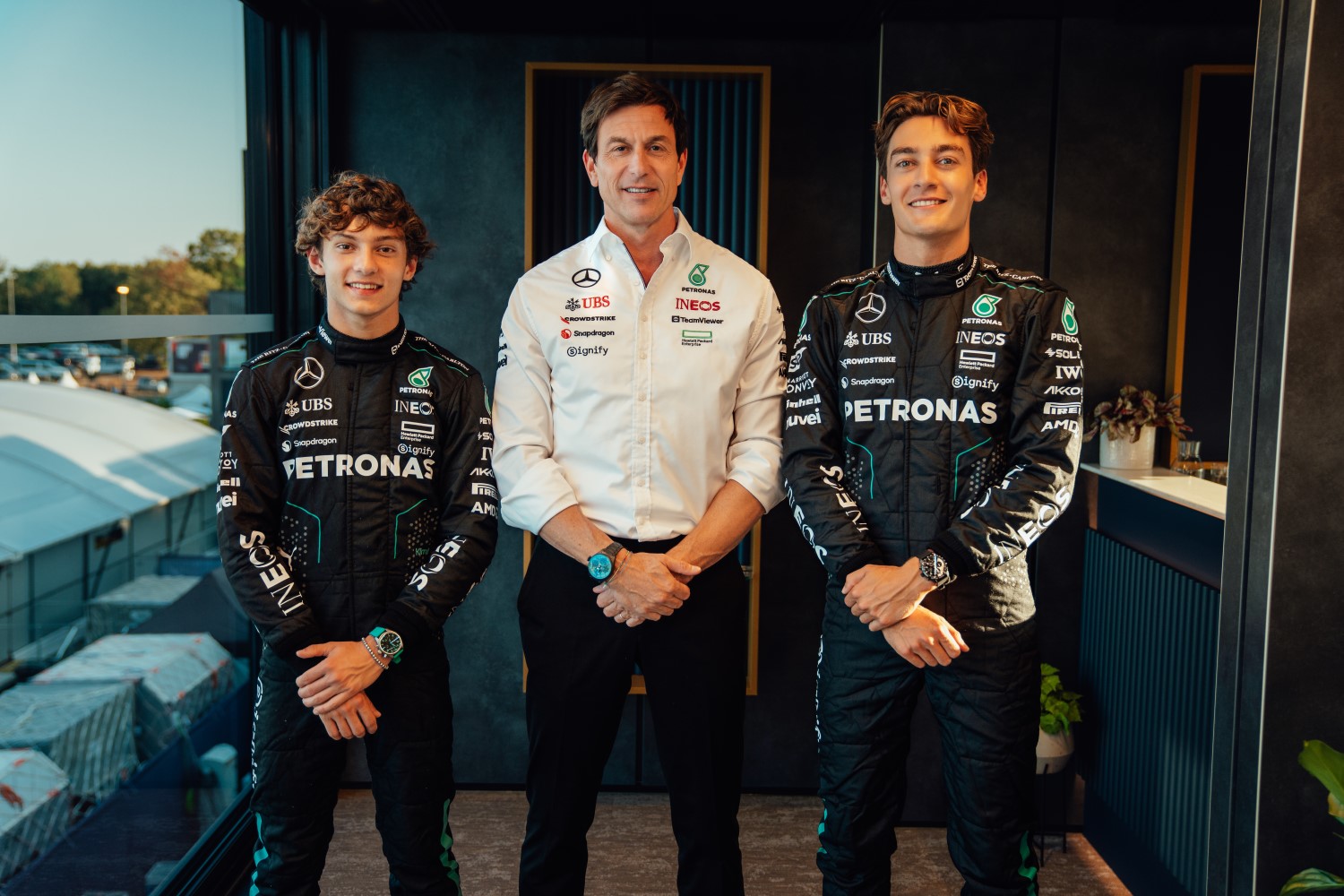 Mercedes 2025 team - Kimi Antonelli, Toto Wolff and George Russell