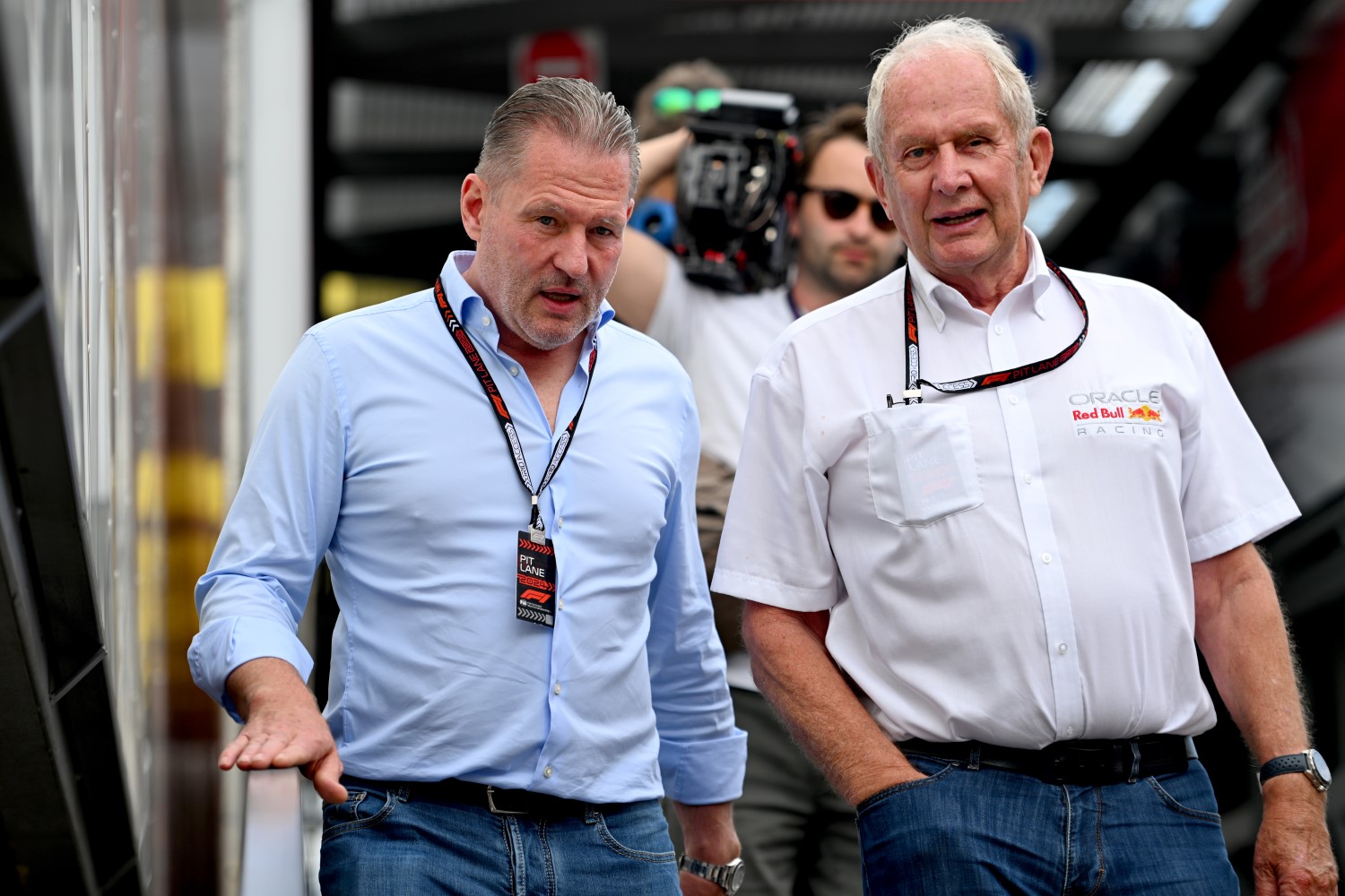 Jos Verstappen and Oracle Red Bull Racing Team Consultant Dr Helmut Marko walk in the Paddock in 2024. (Photo by Rudy Carezzevoli/Getty Images) // Getty Images / Red Bull Content Pool /