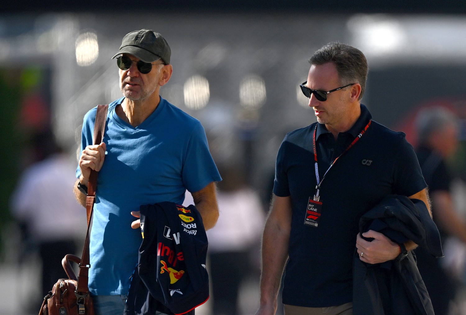 Red Bull Racing Team Principal Christian Horner and Adrian Newey, the Chief Technical Officer of Red Bull Racing walk in the Paddock during day one of F1 Testing at Bahrain International Circuit on February 21, 2024 in Bahrain, Bahrain. (Photo by Clive Mason/Getty Images) // Getty Images / Red Bull Content Pool