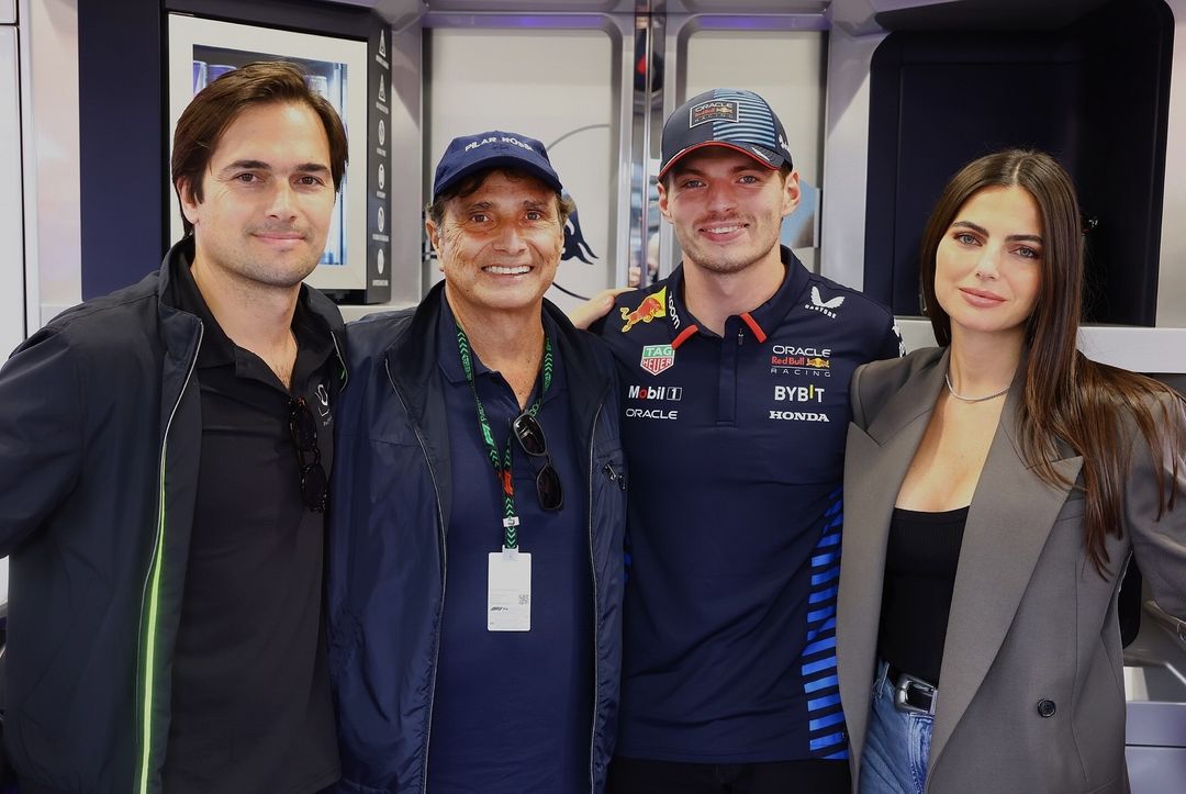 (L to R) Nelson Piquet Jr., Nelson Piquet Sr, Max Verstappen and Kelly Piquet