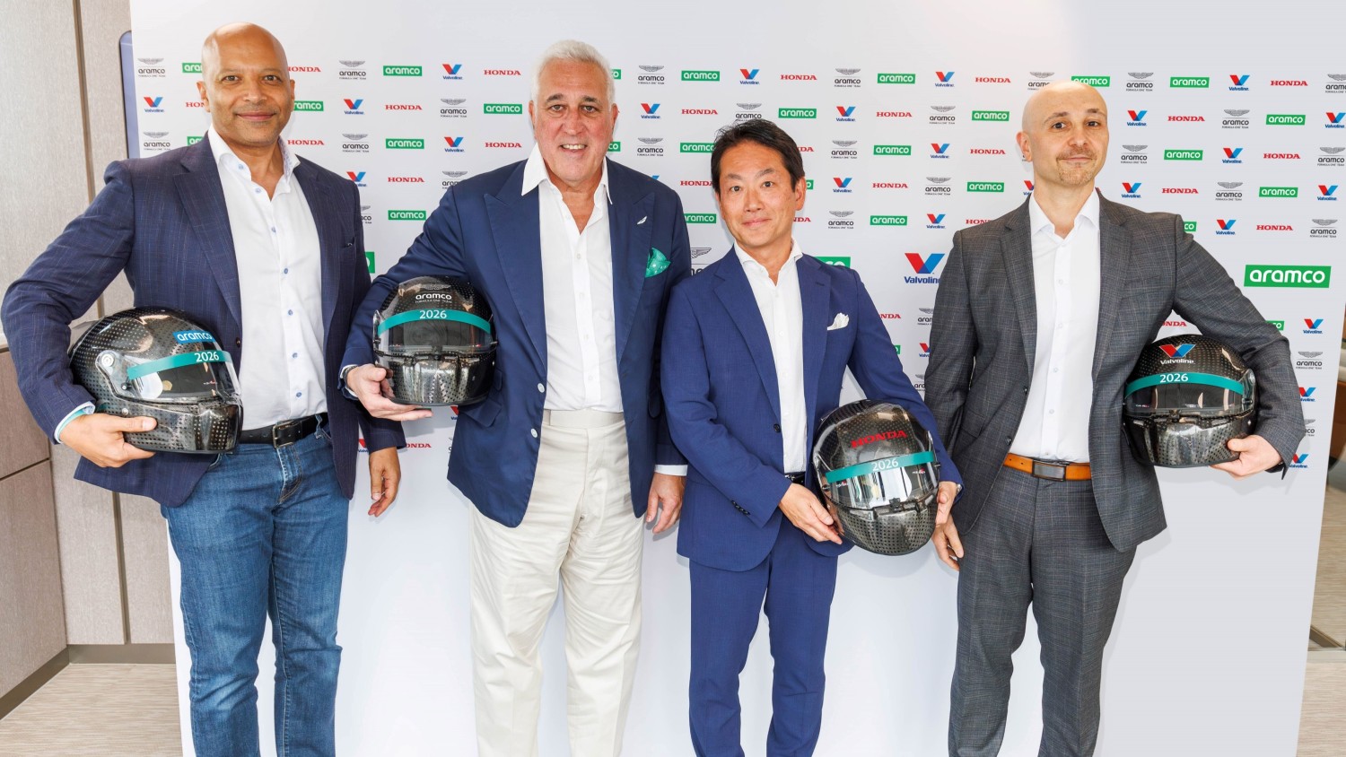 From left to right: Yasser Mufti, Aramco Executive Vice President of Products & Customers; Lawrence Stroll, Executive Chairman, Aston Martin Aramco Formula One® Team; Koji Watanabe, President, Honda Racing Corporation and Jamal Muashsher, CEO, Valvoline Global