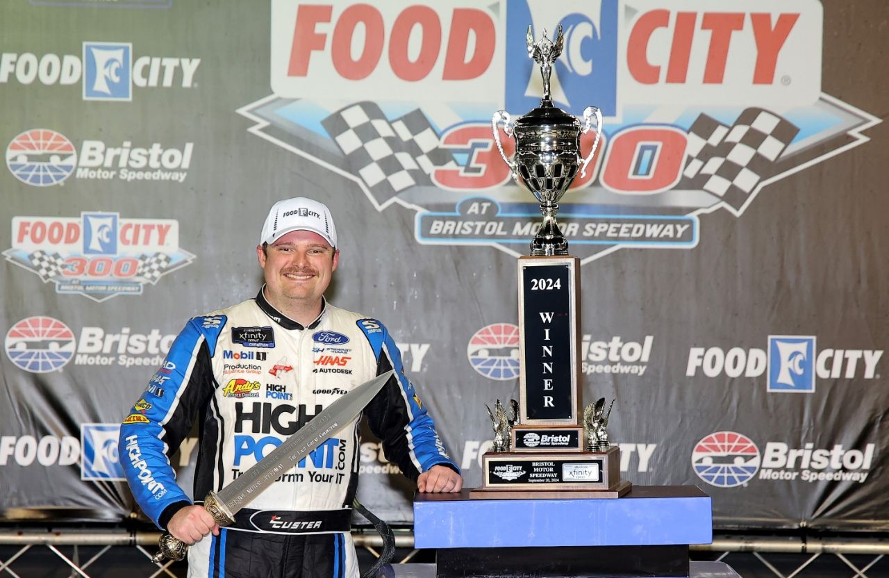 Cole Custer, driver of the #00 HighPoint.com Ford, celebrates in victory lane after winning the NASCAR Xfinity Series Food City 300 at Bristol Motor Speedway on September 20, 2024 in Bristol, Tennessee. (Photo by Jonathan Bachman/Getty Images)