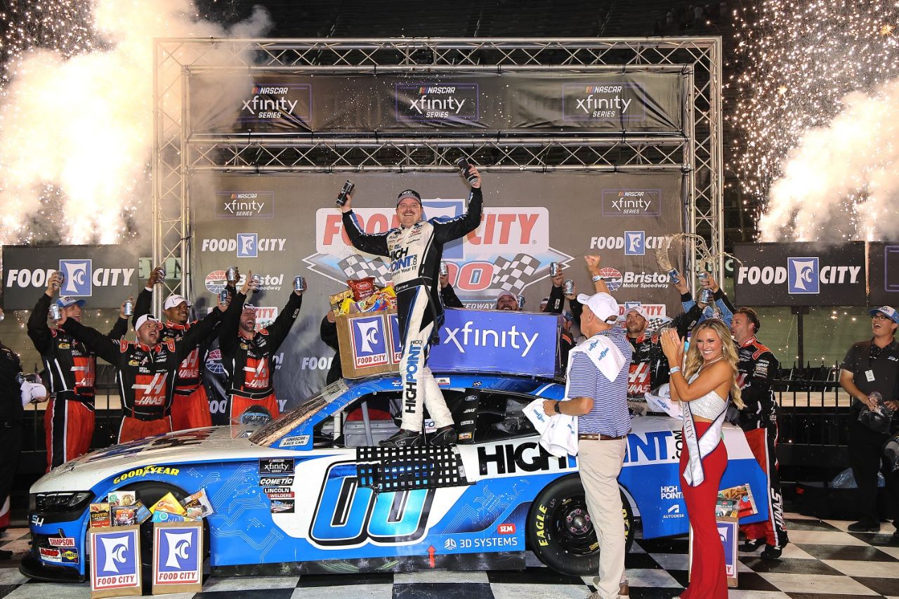 Cole Custer, driver of the #00 HighPoint.com Ford, celebrates in victory lane after winning the NASCAR Xfinity Series Food City 300 at Bristol Motor Speedway on September 20, 2024 in Bristol, Tennessee. (Photo by Jonathan Bachman/Getty Images)