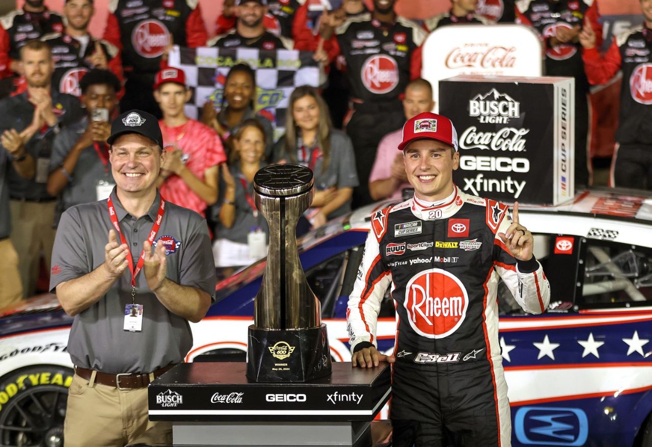 Christopher Bell, driver of the #20 Rheem Toyota, celebrates in victory lane after winning a weather-shortened NASCAR Cup Series Coca-Cola 600 at Charlotte Motor Speedway on May 26, 2024 in Concord, North Carolina. (Photo by David Jensen/Getty Images for NASCAR)