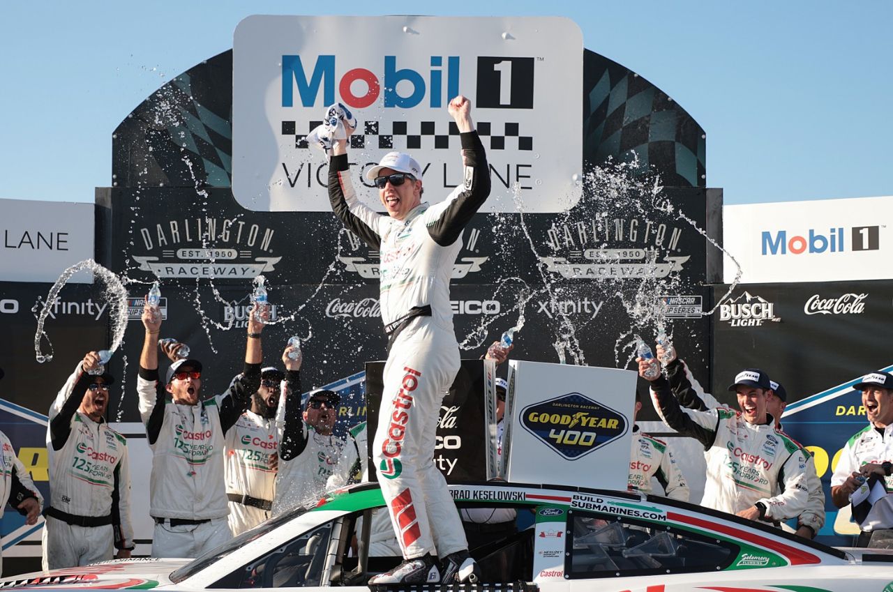 Brad Keselowski, driver of the #6 Castrol Ford, celebrates in victory lane after winning the NASCAR Cup Series Goodyear 400 at Darlington Raceway on May 12, 2024 in Darlington, South Carolina. (Photo by James Gilbert/Getty Images)