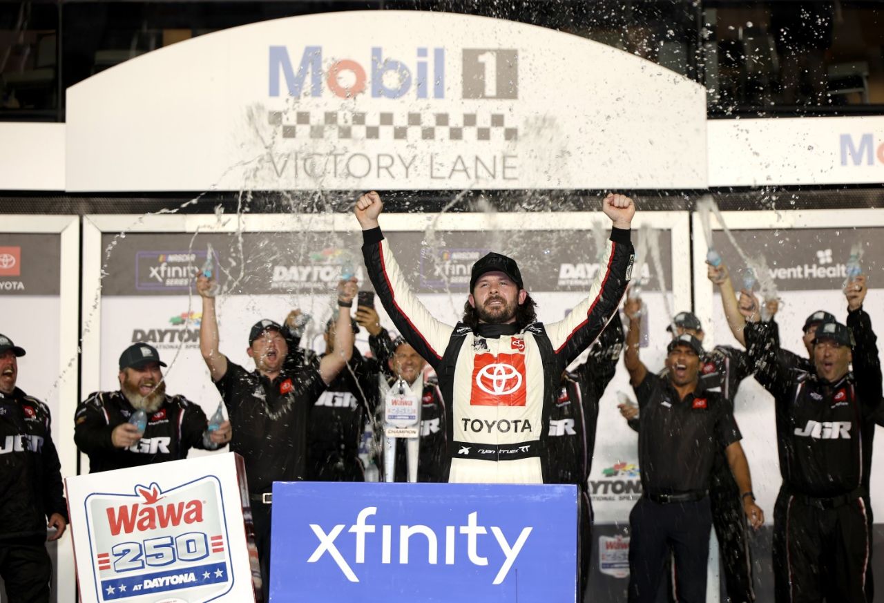 Ryan Truex, driver of the #20 Certified Collision Center Toyota, celebrates in victory lane after winning the NASCAR Xfinity Series Wawa 250 Powered by Coca-Cola at Daytona International Speedway on August 23, 2024 in Daytona Beach, Florida. (Photo by James Gilbert/Getty Images)