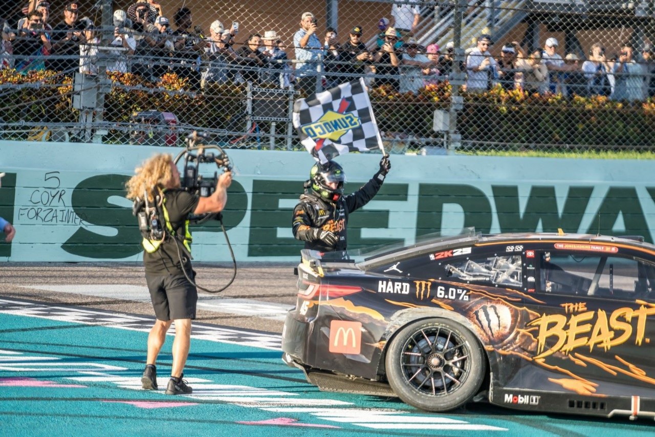 23XI driver Tyler Reddick celebrates win last weekend at Homestead