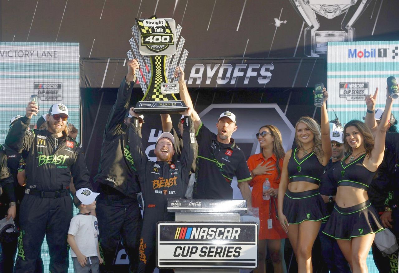 Tyler Reddick, driver of the #45 The Beast Killer Sunrise Toyota, celebrates in victory lane after winning the NASCAR Cup Series Straight Talk Wireless 400 at Homestead-Miami Speedway on October 27, 2024 in Homestead, Florida. (Photo by Sean Gardner/Getty Images)